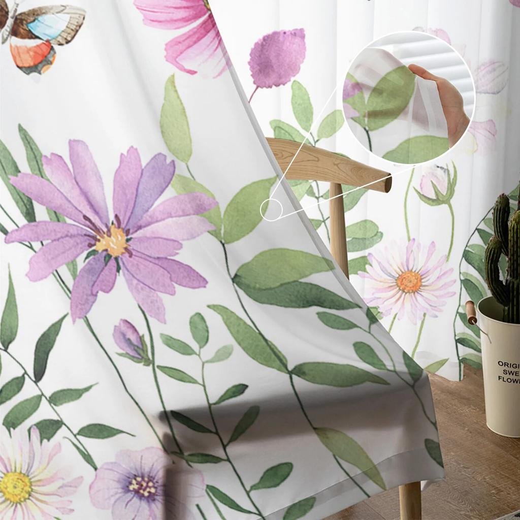 Spring Flower Butterfly Sheer Curtains For Living Room Bedroom Home Decor Kitchen Tulle For Windows Voile Drapes