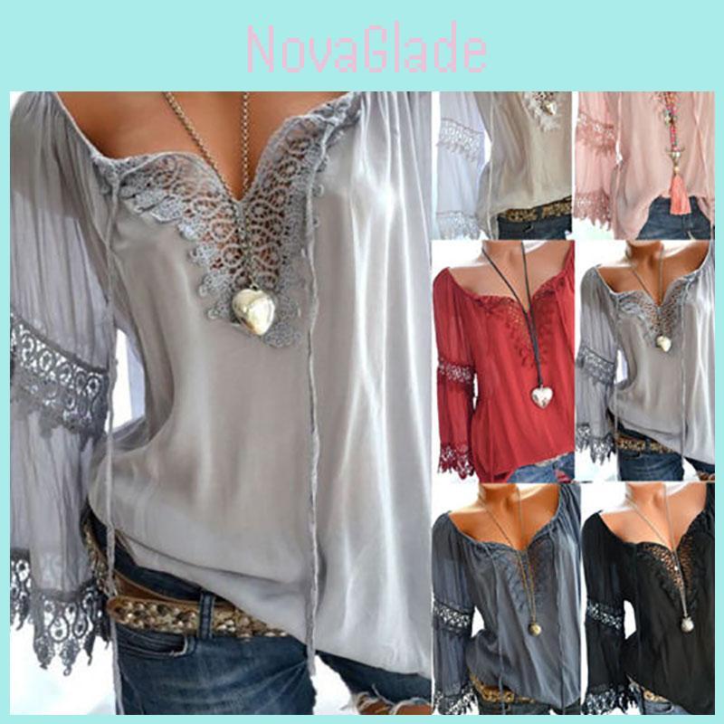 Women V Sexy Neck Long Sleeve Lace Up Shirt Casual Blouse Top Lady Loose T Shirt