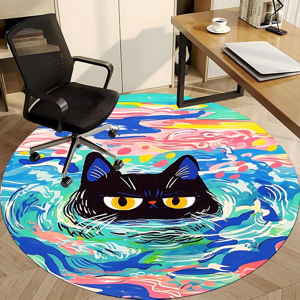 1PC Cat Swimming Office Round Rug, Non Slip, Soft and Durable Office Rug for Interior Decoration, Perfect for Office