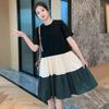 Korean Version of T-shirt Dress Splicing Contrasting Color Schoolgirl Loose Large Size Fashion Foreign Style Medium and Long Knee Skirt Summer