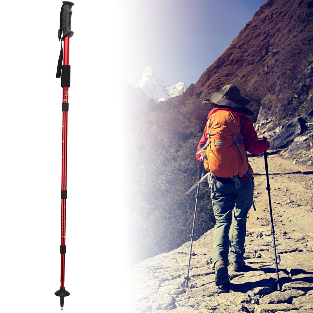 Outdoor Aluminium Alloy 4 Sections Suspension Straight Handle Trekking Pole Walking Stick Alpenstock for Climbing