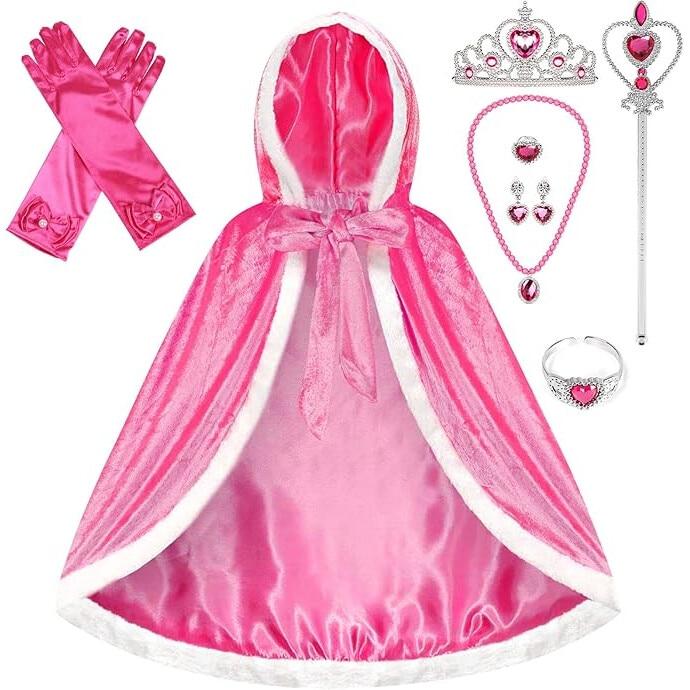 Princess Aurora Kids Cape Set for Girls Role Play Costume 5-7 Years Pink Hooded with Accessories