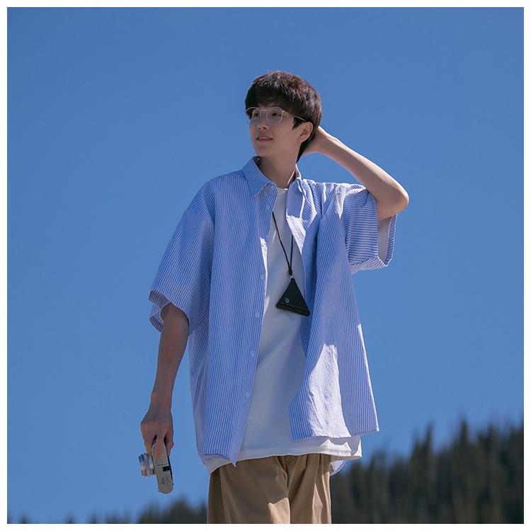 Men's Japanese Striped Short-Sleeve Lapel Shirt - Summer Cityboy Casual Versatile Trendy Brand Jacket