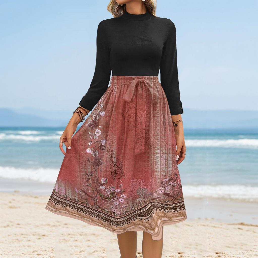 Women's Fashion Casual Belt Seven Sleeve Round Neck Floral Temperament Dresses