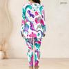 Women Plus Size White Red Black Printed Two Piece Set Round Neck Long Sleeve Longline Top Fitted Pants