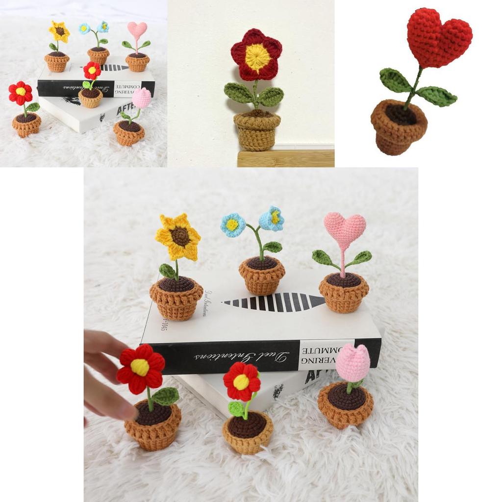 Potted Plant Handmade Crochet Artificial Knitting Flower Home Decor Diy