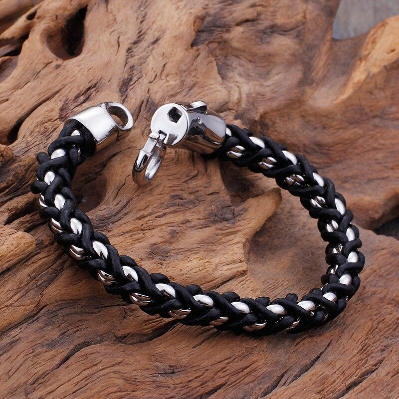 Retro Geometric Stainless Steel Black Leather Rope Braided European Ethnic Style Individuality Bracelet For Men