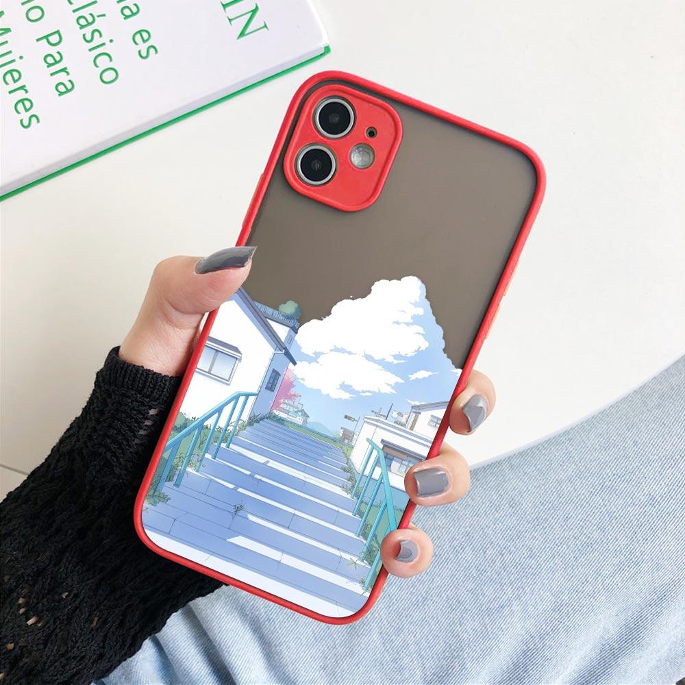Matte Hülle für iPhone 11 12 13 14 Pm Pro Max XR X 8 7 Plus Pro XS Mini Skin Feeling Cover Japan Anime Handbemalte Hauslandschaft