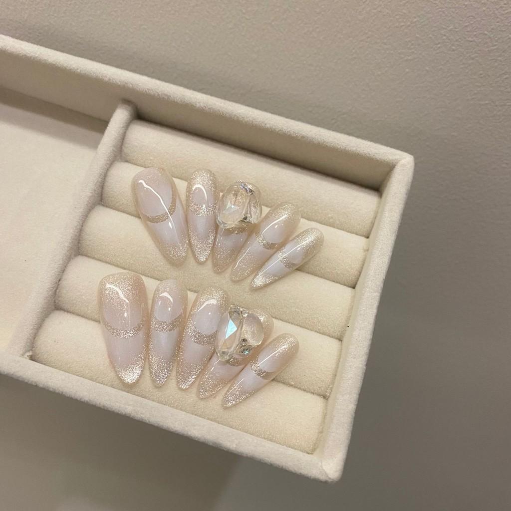 100% HANDMADE Lengthen Oval shape/Extra Long Water Drop Shape Light Grey Cat Eye Inkjet Design Clear Diamond Ballet Style Princess Grace Fake Nails