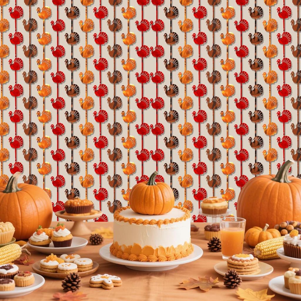 Thanksgiving Decorations, 2 Pack 3.3 x 6.6 Ft Red Orange Brown Turkey Metallic Tel Foil Fringe Curta Streamers Backdrop for Fall Thanksgiving