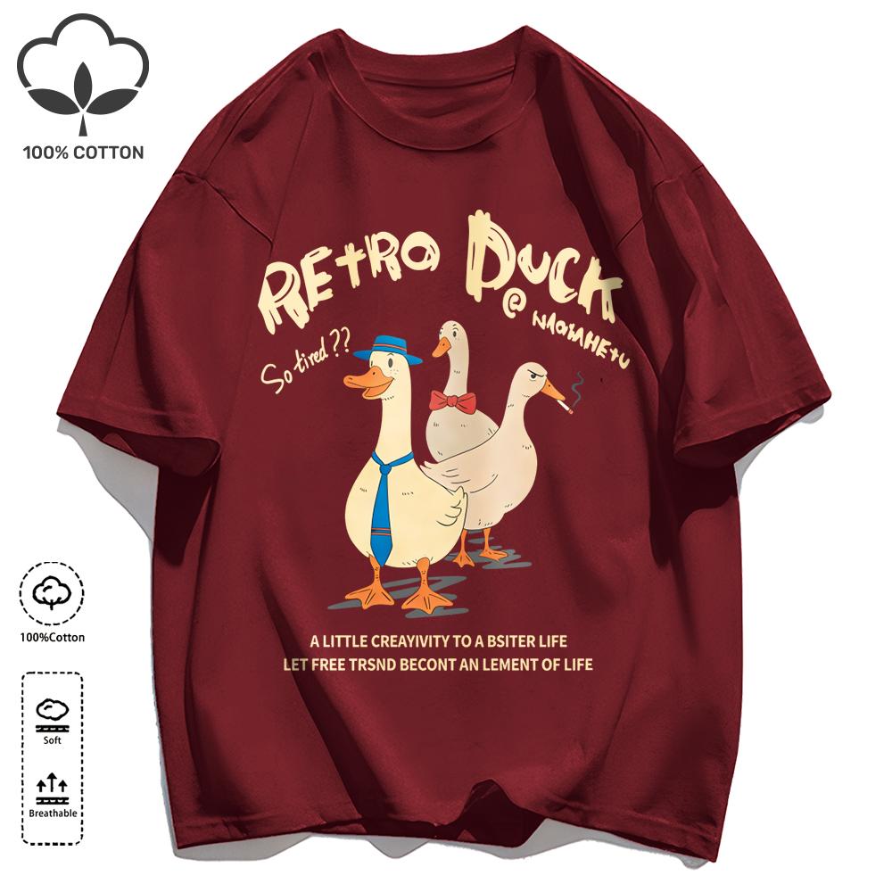 Retro Duck Doesn'T Feel Tired Design T Shirts Unisex Cotton Basics T-Shirt Soft Summer Fashion Tee Unisex O-Neck Loose Retro Top
