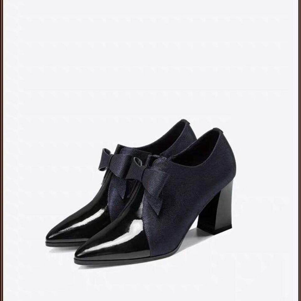 Жіночі чоботи Lady Повсякденні Висока якість Бант Темно-синій Комфорт Квадратний підбор Чоботи Жіночі Круті Чорні туфлі на підборах A9407
