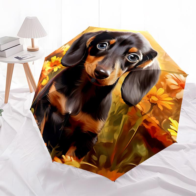 1pc Dachshund Flowers Automatic Folding Umbrella, Sturdy And Durable Automatic Folding Umbrella with 8 Ribs, Convenient for Outdoor Use085