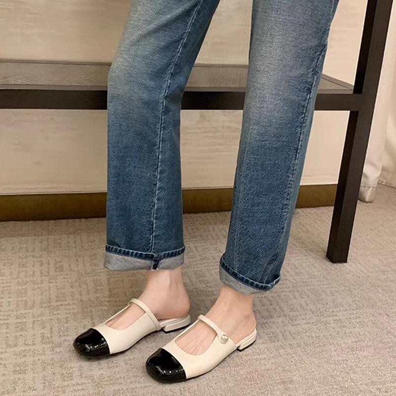 

Sheepskin~ Xiaoxiangfeng color matching pearl bag head half slippers women s outer wear round head word with light mouth Mary Jane half drag 35