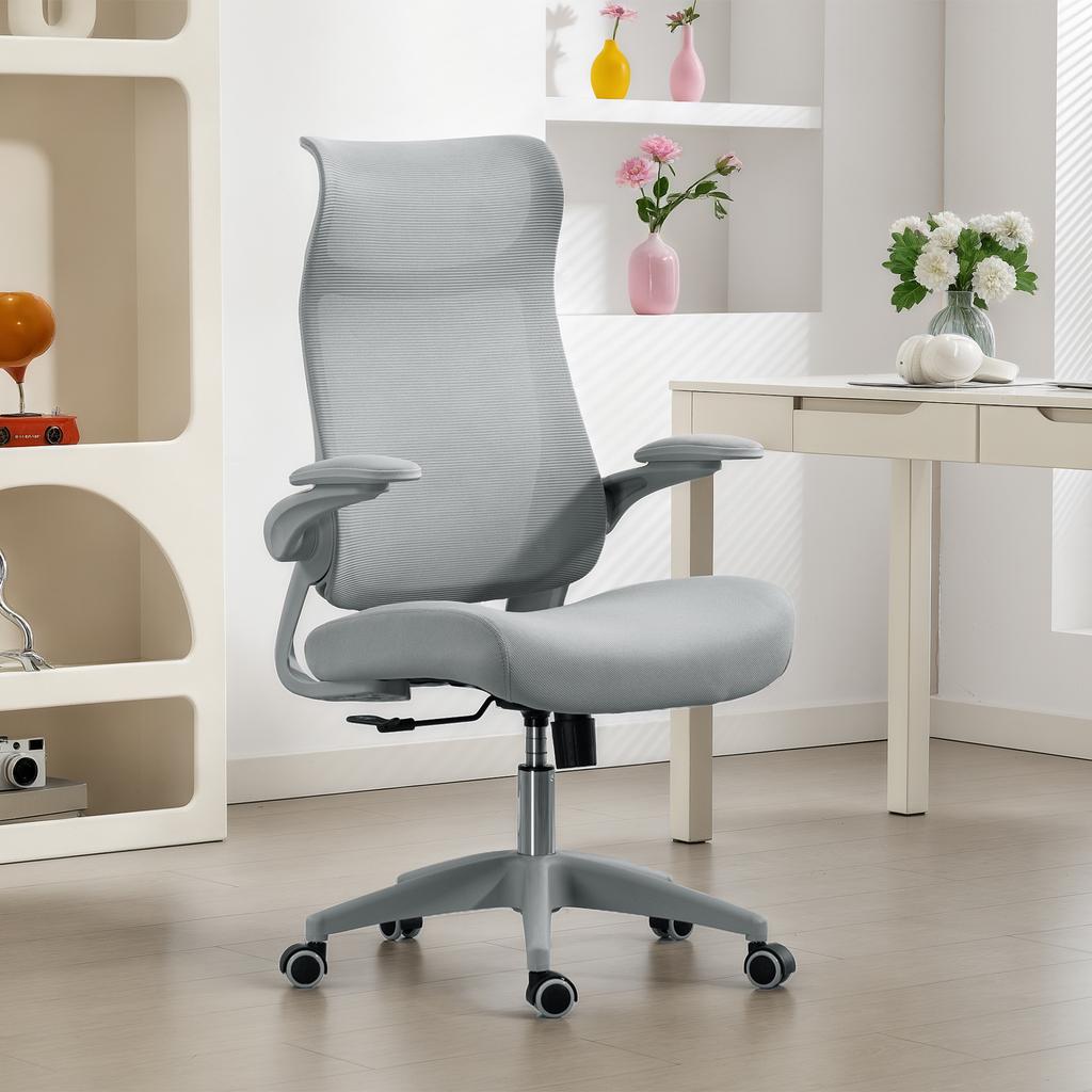 Ergonomic Swivel Mesh Office Chair, Lumbar Support, Flip-Up Armrests, Tilting Headrest, Gray