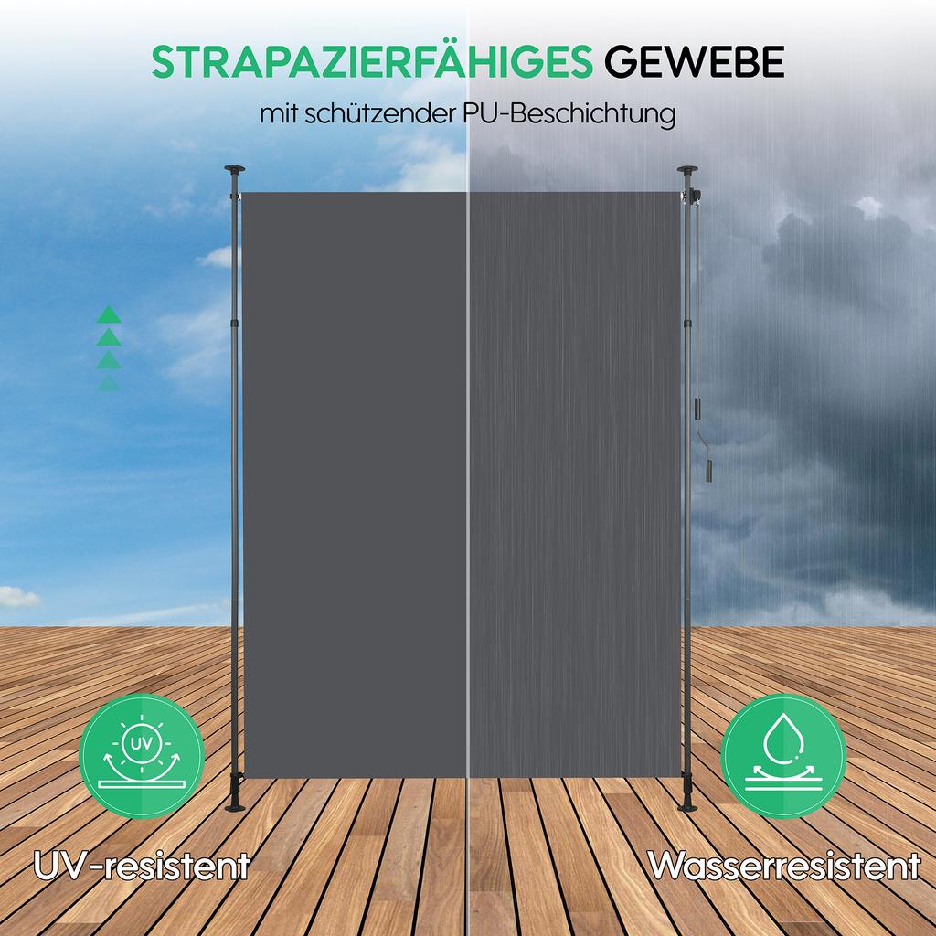Vertikale Außenmarkise mit Klemmmontage, Sicht- und Windschutz für Balkon und Terrasse, wetterfest, anthrazit, Handkurbel, 150 x 270 cm