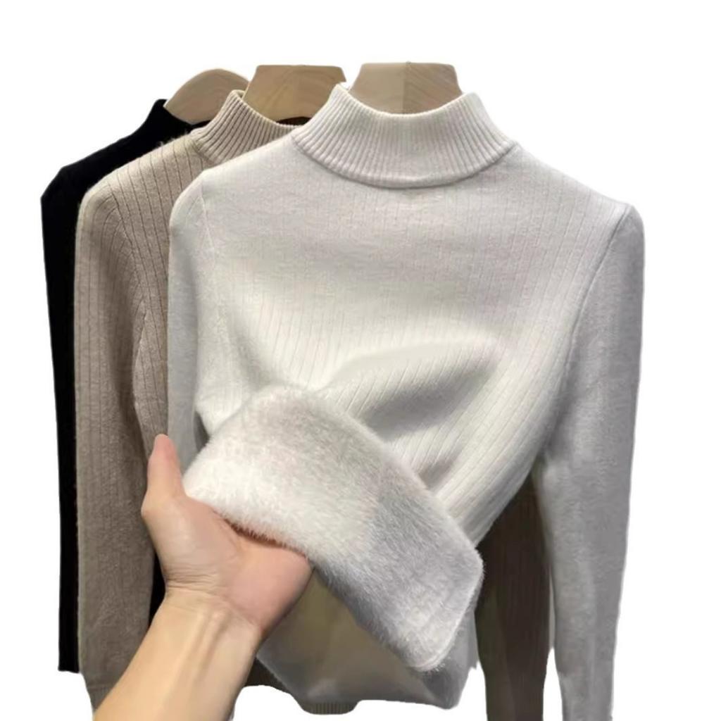 One Piece Velvet Semi High Neck Base Sweater for Women In Autumn and Winter, Paired with A Sweater and Velvet Warm Base Knit Sweater