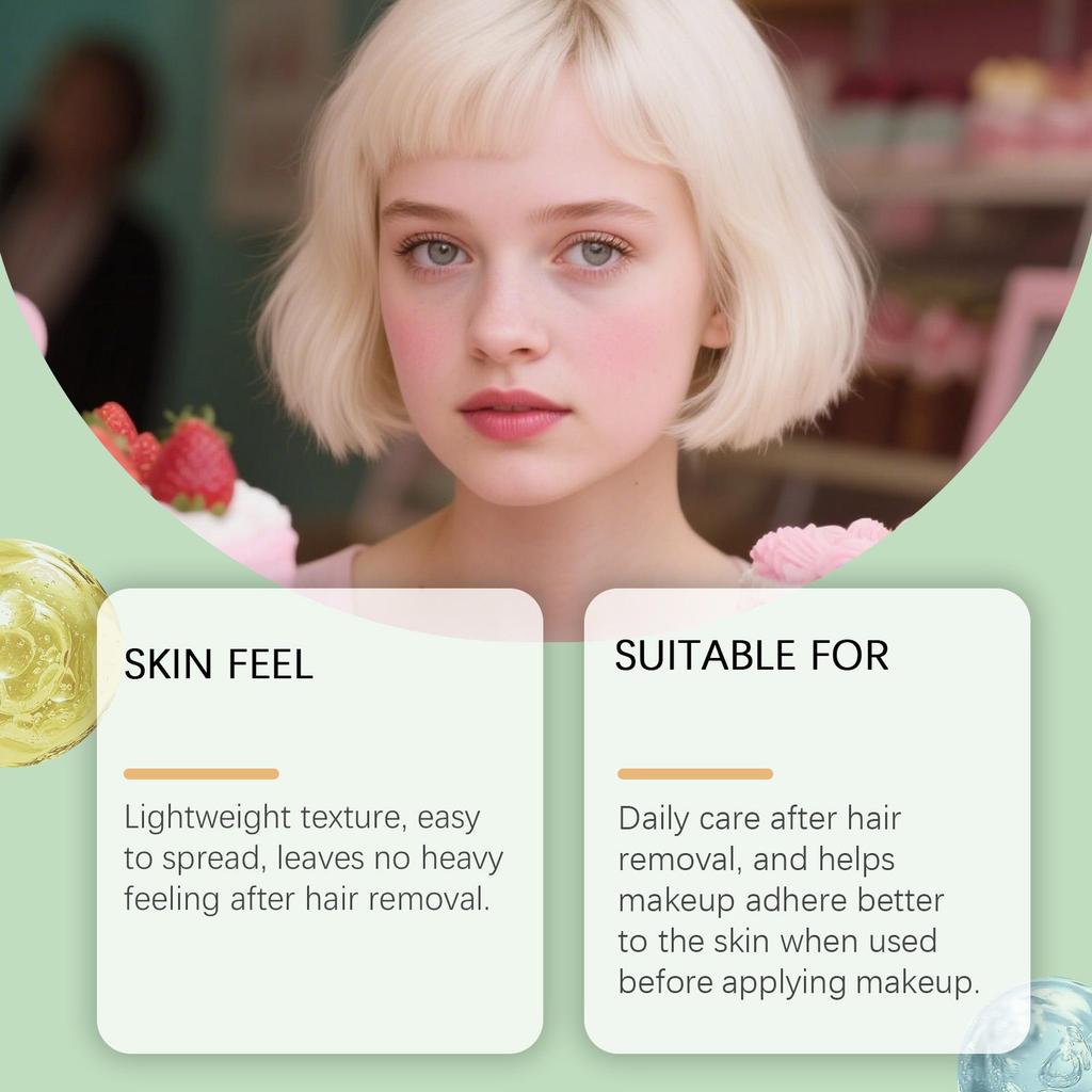 60ml, Post-Hair Removal Care Essence, deeply moisturizes with a lightweight, non-greasy texture, instantly soothes dryness and irritation.