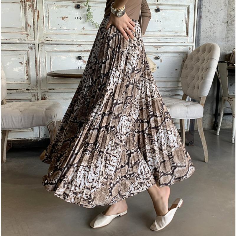 DX~~Ny stil western-stil slangetrykk med høy midje plissert skjørt med orgel, retro flytende og slankende plissert skjørt, langt skjørt i A-linje