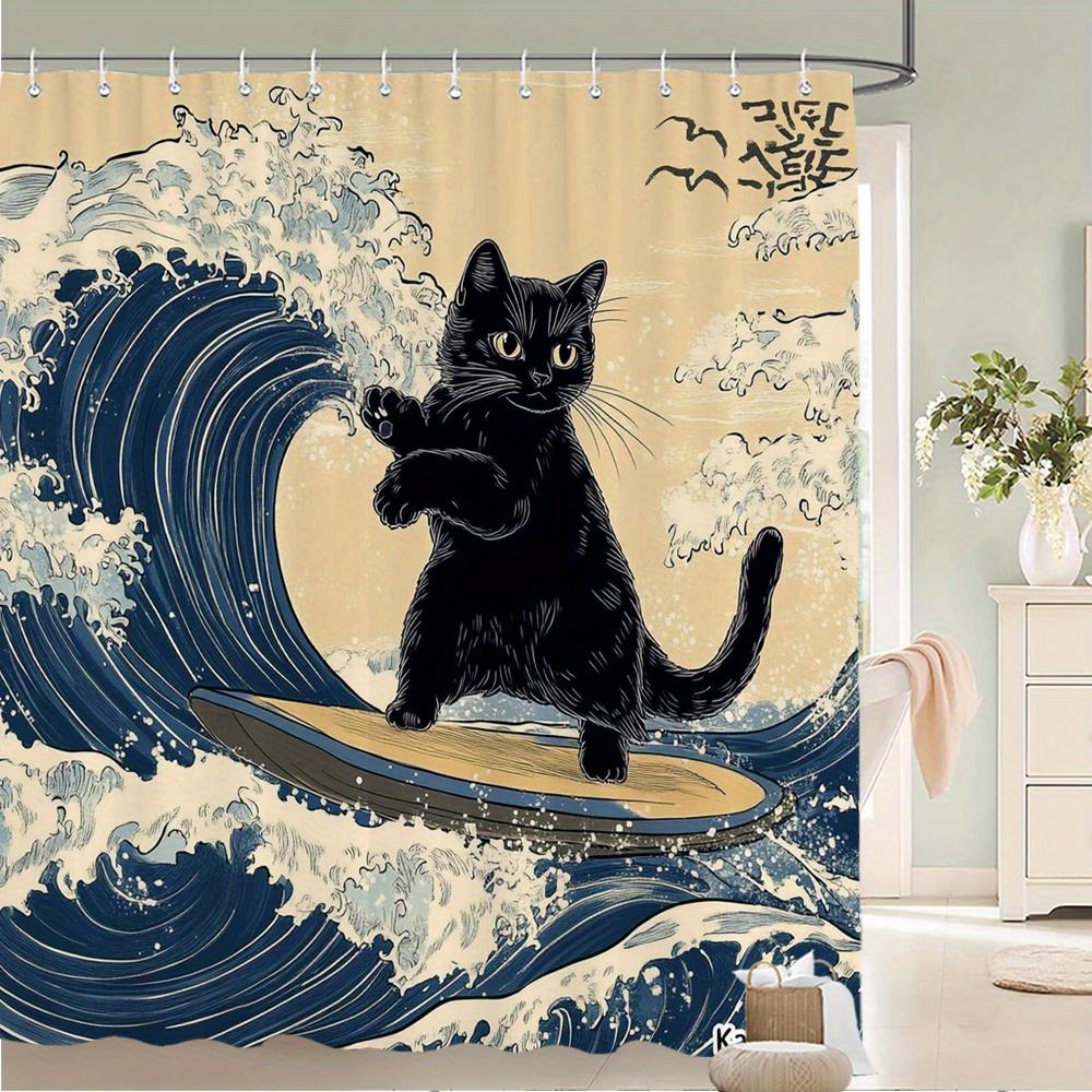 Cat Surfing Shower Curtain Great Wave Design Japanese Art Bathroom Decor Waterproof Curtains Anime Home Style