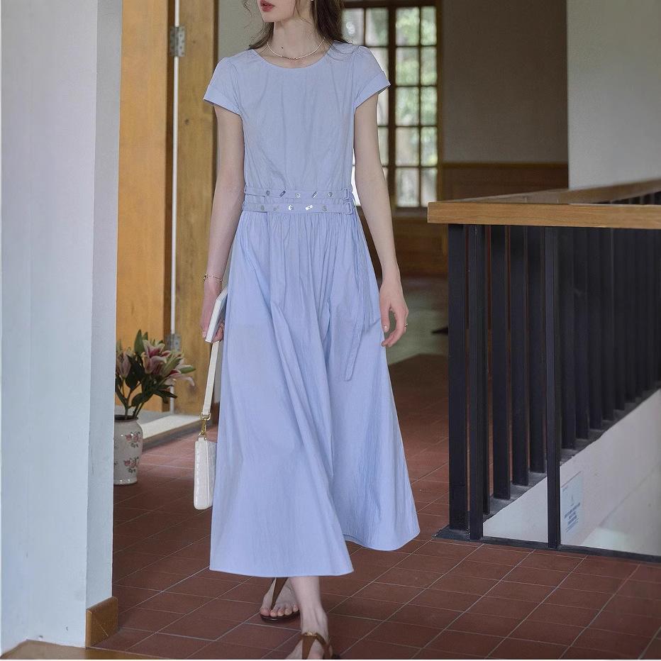 Blue Waist Skirt Simple Casual Short-sleeved Dress Female Summer Cotton A Line Skirt