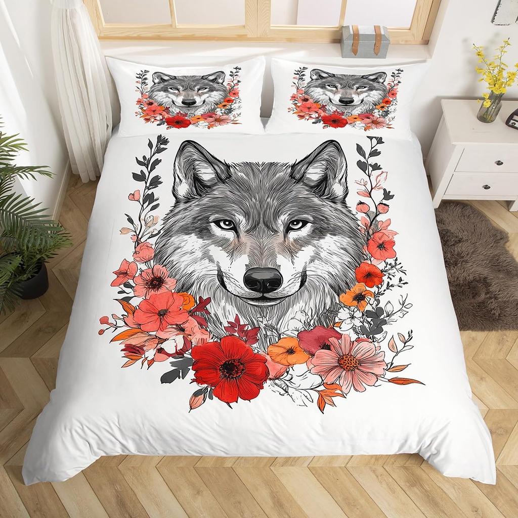 Kids Wolf Comforter Cover Full Queen Size Botanical Floral Bedding Set Wild Animal Duvet Cover Plant Flower Bedspread Cover