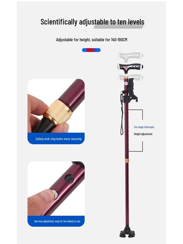 Yunxiang Verstellbare Vierfuß-Gehhilfe für Senioren - Rutschfest, Teleskop-Gehstock mit Licht, Aluminiumlegierung