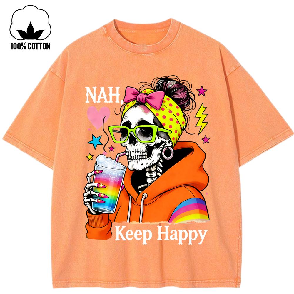 

Keep Happy Drinks Colorful Skulls Pattern Washed Holes T Shirt Women Cotton T-Shirt Y2K Clothes Loose O-Neck Top S