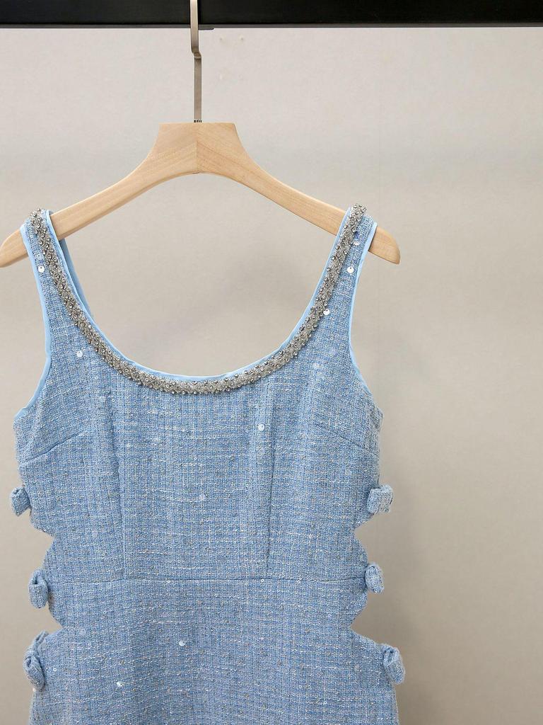 Women's Autumn Temperament Sequin Dress with Rhinestone Bow and Hollow A-Line Design