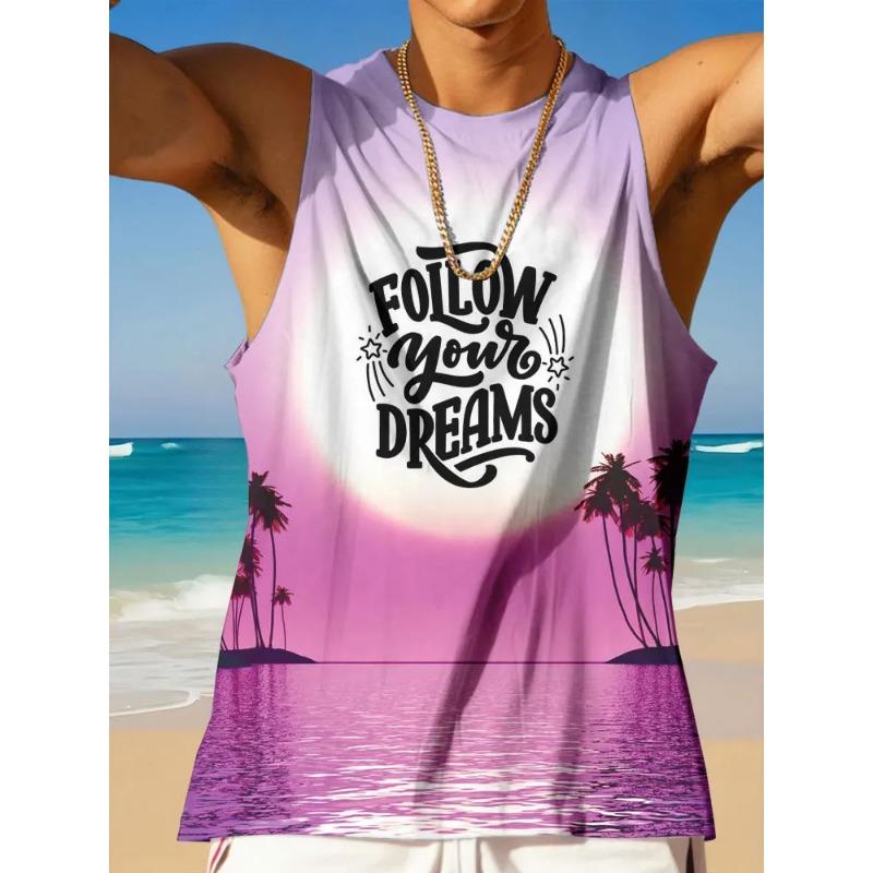 Summer Round Neck 3D Palm Leaf Printed Top Fashionable Casual Hawaiian Beach Sleeveless Vest Men's T-shirts