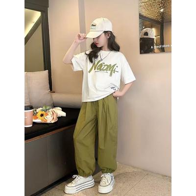 Girls' Summer Thin Nine-point Pants Suit, Big Girls Letter Blouse, Harem Pants Two-piece Suit