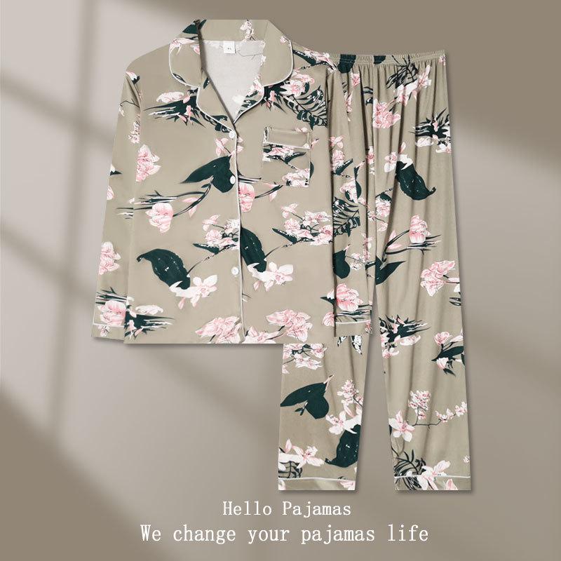 Middle-Aged Mom Long Sleeve Pajamas - Green Plant Series Cardigan, Loose Plus Size Home Set for Women, Spring/Autumn.