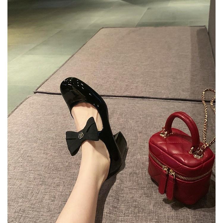 Sheepskin version Xiaoxiangfeng bow shoes leather thick heel single shoes women's one-word strap high heels medium heel Mary Jane shoes