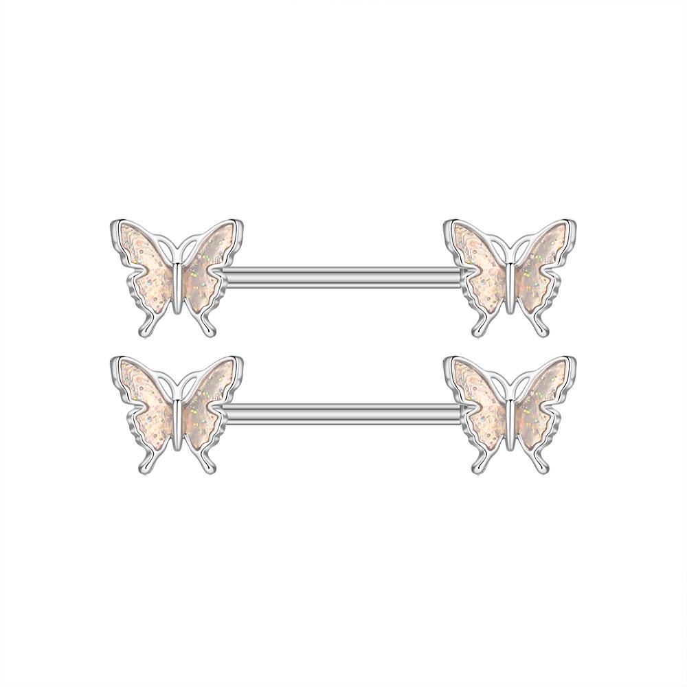 2pcs Butterfly Nipple Piercings Rings 16mm Length Bar Barbell Steel Crystal Nipple Shield Cover Heart Flower Tongue Body Jewelry