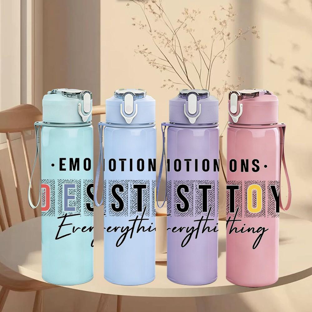 1PC Emotions Destroy Everything Text 750ml Color Plastic Sports Water Bottle Leakproof Flip Straw Lid Suitable for Sports Office Home Use