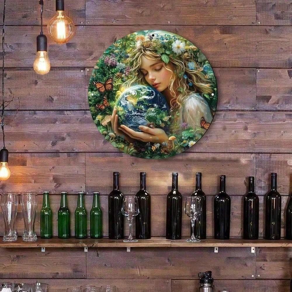 Vintage Round Metal Wall Art Earth Tone Floral Butterfly Girl Decor for Home Living Room Bedroom