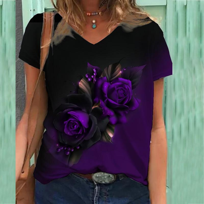 

Футболка с цветочным принтом, женская футболка с короткими рукавами и V-образным вырезом 3XL
