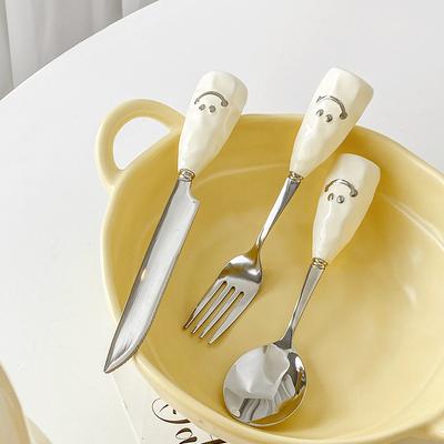 Cute And Simple Smiley Face Ceramic Knife, Fork And Spoon Of The Same Stainless Steel Fruit Fork, Spoon, Soup Spoon, Western Tableware