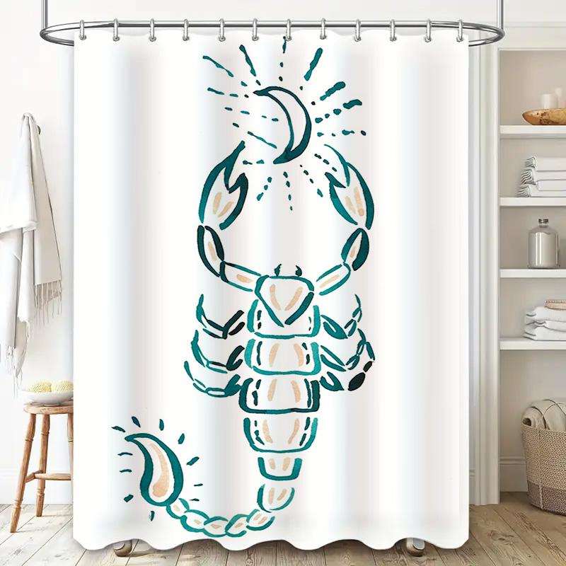 Charming Blue Crayon Style Scorpion Shower Curtain Waterproof Decorative Bathroom Liner White Background with Teal Accents for M