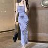 French New Chinese Tie-dye Suspender Dress Women's Summer Pleated Slim Fit High-end Long Skirt Split Hip Skirt