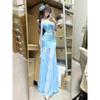 Seaside Vacation Blue Mesh Splicing Suspender Dress Gentle Temperament Show Figure Waist Hip Beach Skirt Summer