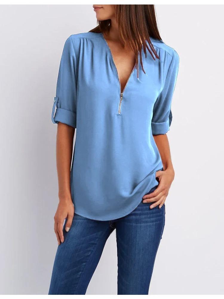 2026 Dames Cool Los Shirt Diepe V-hals Chiffon Mode Blouse Casual Dames Tops Sexy Rits Pullover Grote Maten