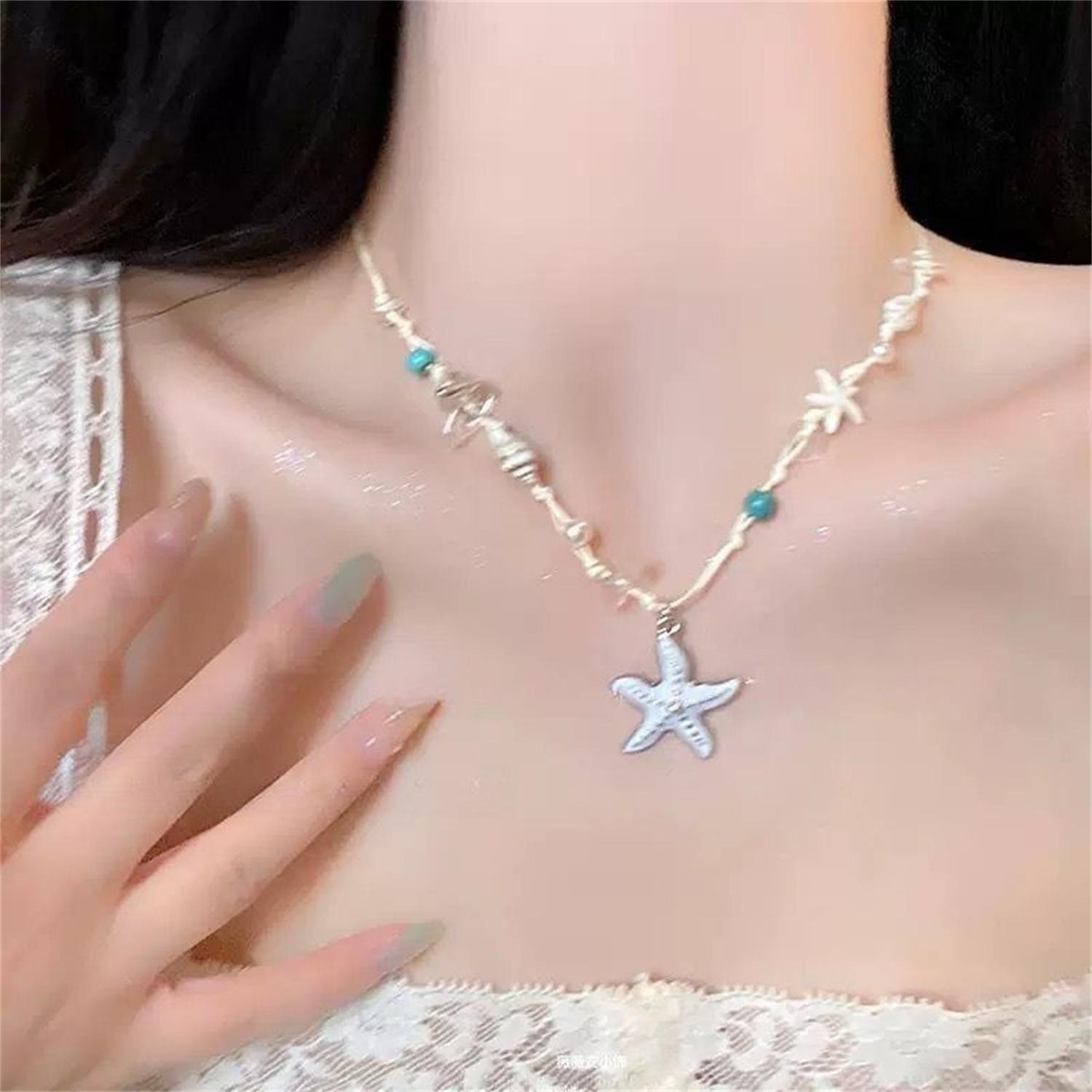 

Unique Starfish Rope Braided Necklaces for Women Shell Imitation Pearl Bow Tassel Necklaces Delicate Summer Sweet Jewelry Gift