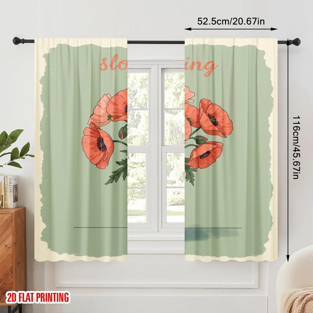 2pcs 2D flat printing Window Treatment Curtains red poppies vase living Polyester Without Electricity 0 Perfect for Decorations