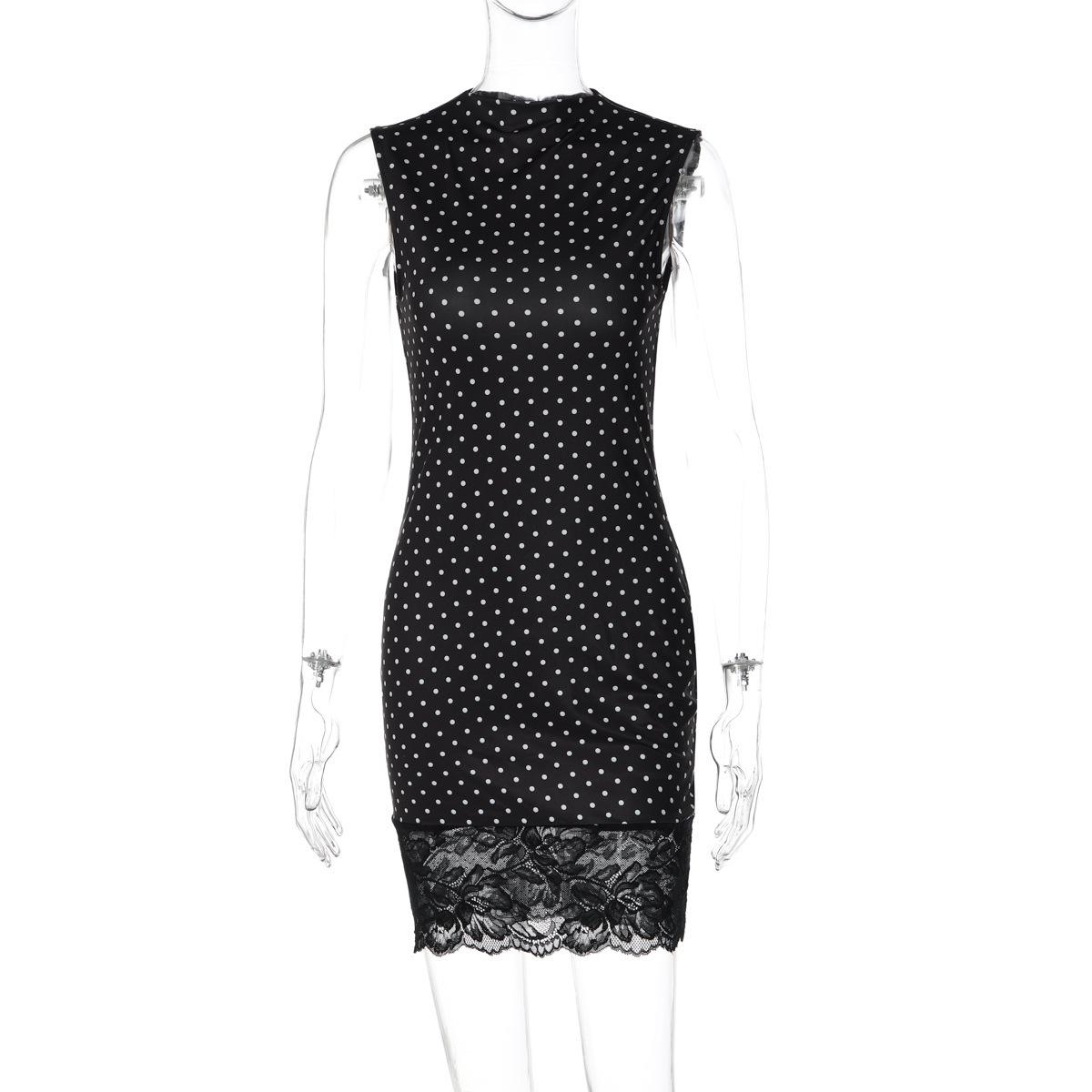 Women s 2026 summer new fashion splicing lace sleeveless polka dot hip wrap dress S