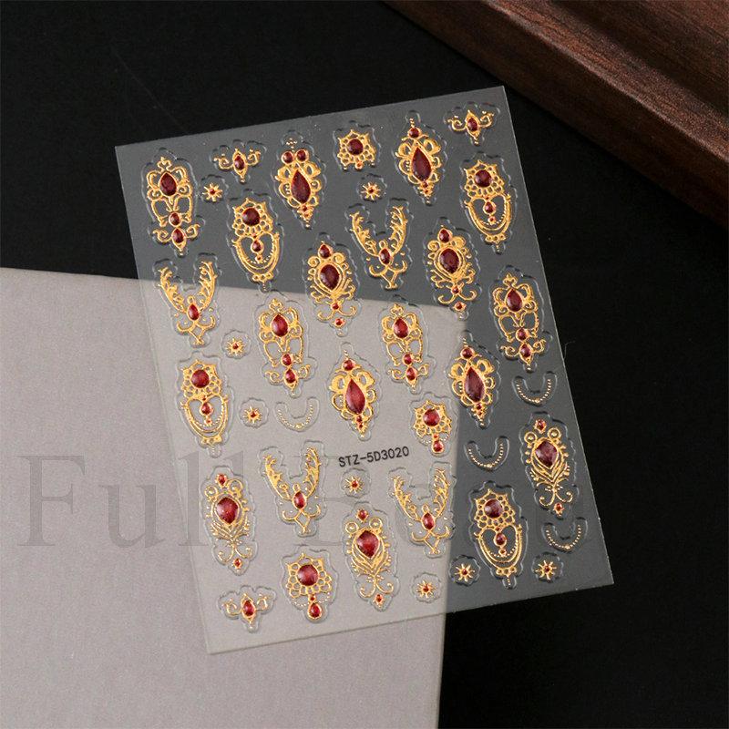 1pc embossed 5D retro light luxury court-style nail sticker with rubies and emeralds, adhesive backing, nail sticker, holiday gift.