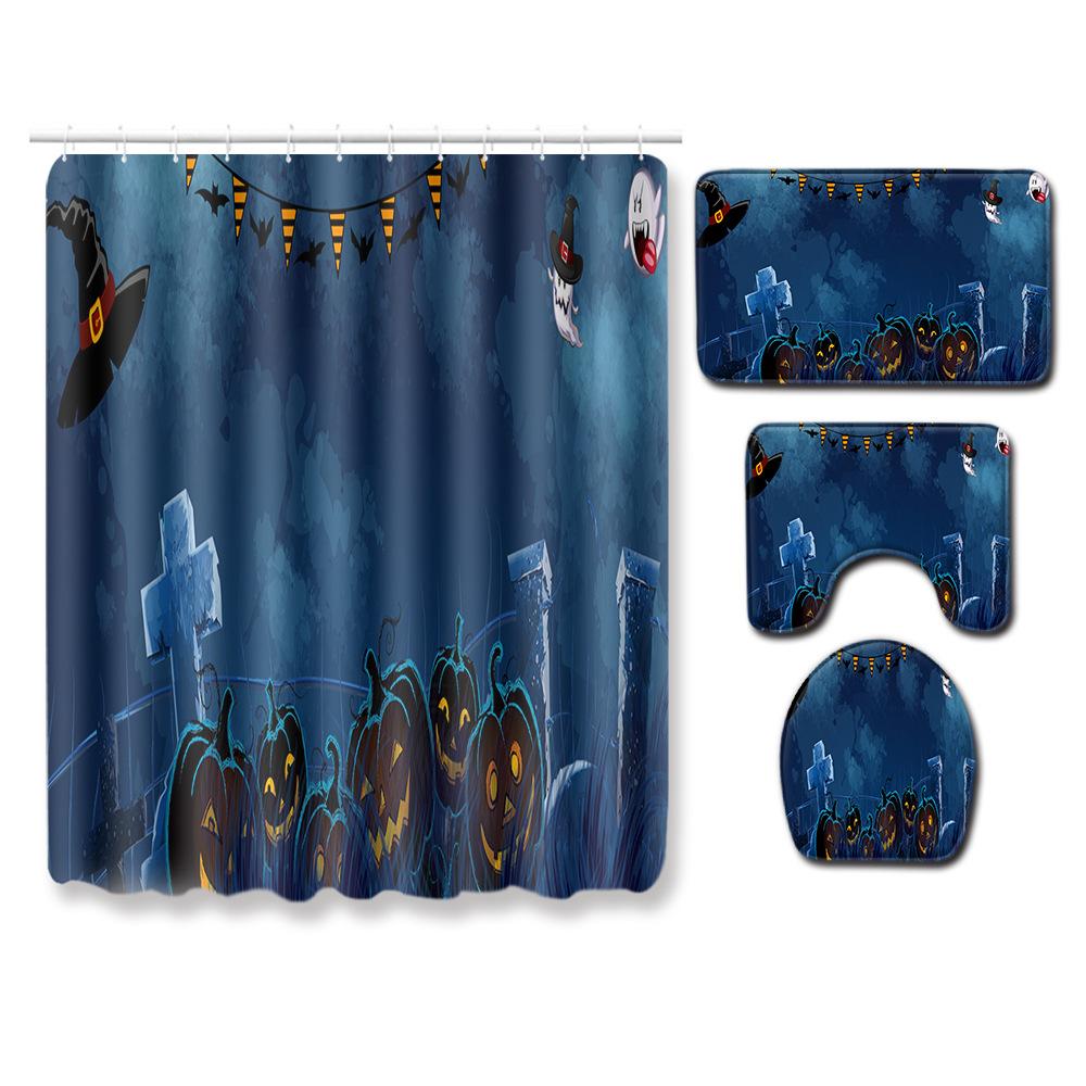 Halloween Shower Curtain Floor Mat Combination Four-Piece Set Bathroom Toilet Carpet Shower Room Foot Door Mat