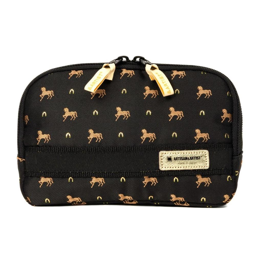 Artisan & Artist Brand Slope-Shaped Makeup Pouch, Pirouette, 3WP-PR110H, Horse Print, Black