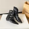 Retro Versatile Pointed Short Boots Women's New Belt Buckle Pleated Piled Boots Thick Heel Temperament Spice Girl Style Trouser Tube Boots