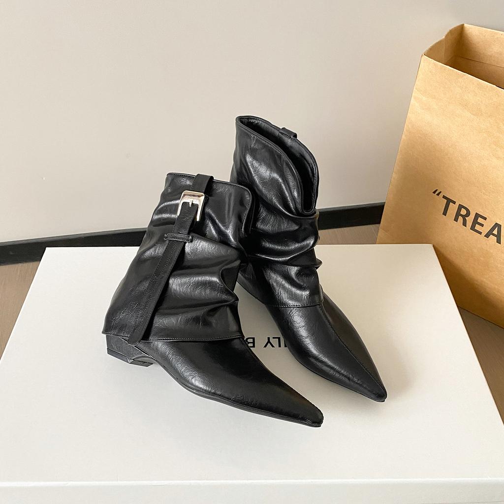 Retro Versatile Pointed Short Boots Women's New Belt Buckle Pleated Piled Boots Thick Heel Temperament Spice Girl Style Trouser Tube Boots